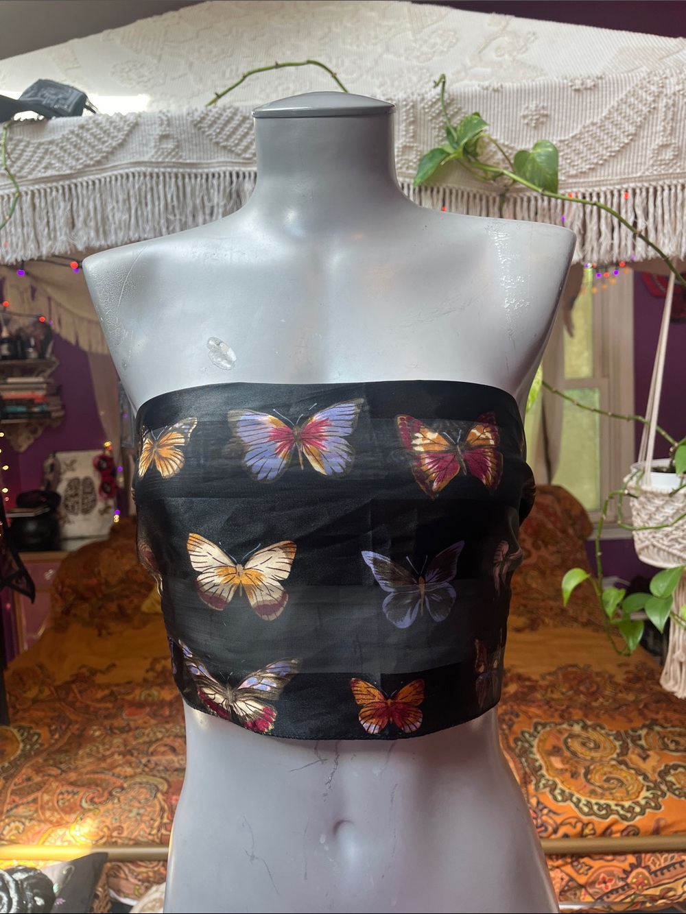 Vintage 90s Black striped colorful butterfly satin silky scarf